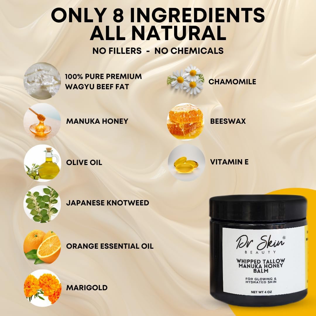 Whipped Beef Tallow & Manuka Honey Balm - Organic Lip Balm and Skin Lotion with Olive Oil for Psoriasis & Eczema - Hydrating For Men, Women & Babies - Orange Scented, 4oz