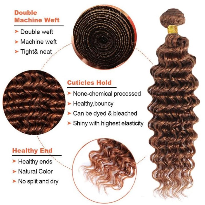 Color #30 Bundle Light Brown Deep Wave Human Hair Bundles Light Brown Bundle Color #30 Loose Deep Wave Bundles Human Hair Extensions 14 14 14 Inch