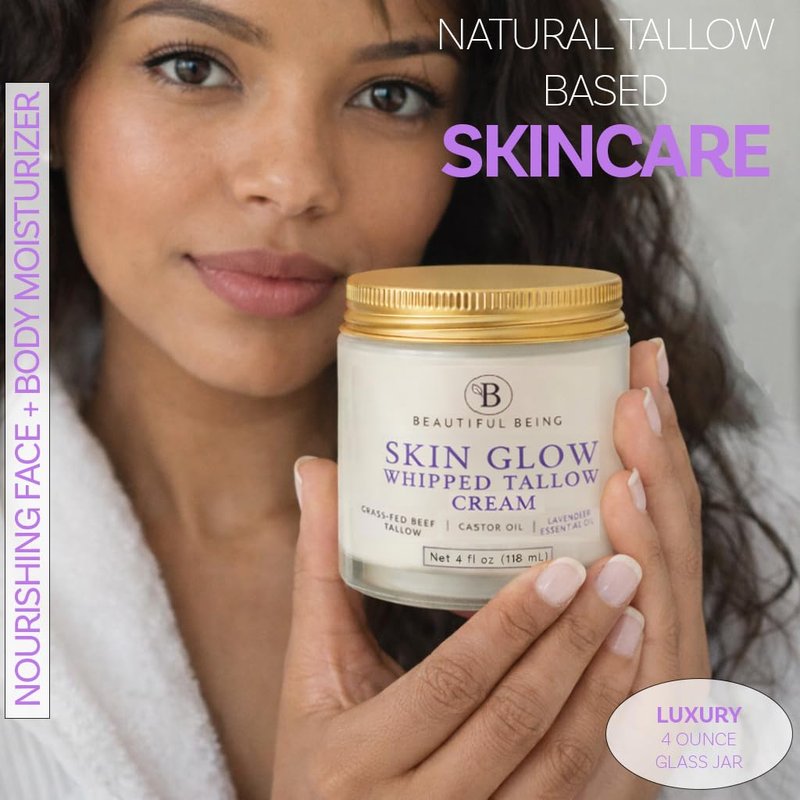Beautiful Being SKIN GLOW - Grass-Fed Whipped Beef Tallow Natural Moisturizer Cream for Face & Body, Non-Toxic Ancestral Skincare for Dry & Sensitive Skin, Castor Oil Infused (LAVENDER, 4oz)