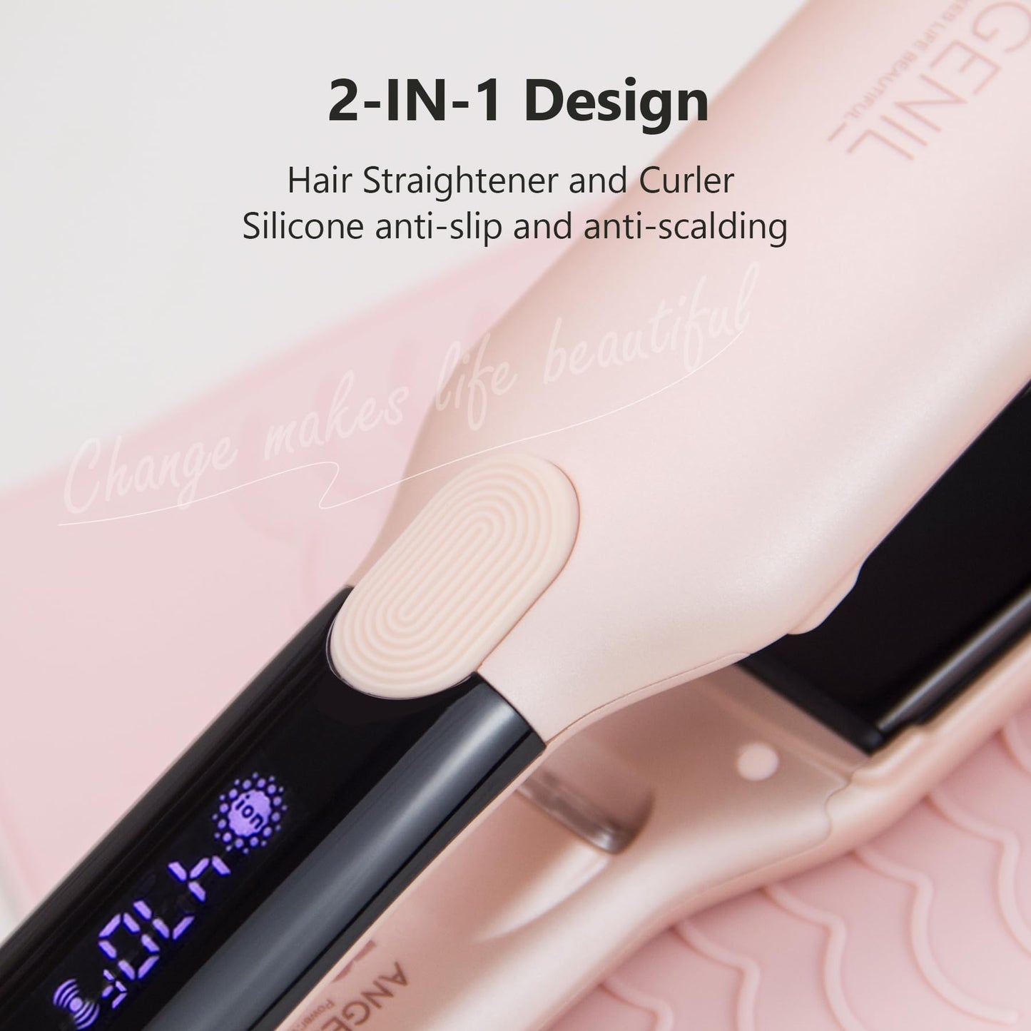 ANGENIL Pro Titanium Flat Iron Hair Straightener 1.75" Wide, Salon Grade Dual Voltage Straightening and Curler 2-in-1 with Heat Resistant Silicone Mat, Adjustable Temp, 15s Fast Heating
