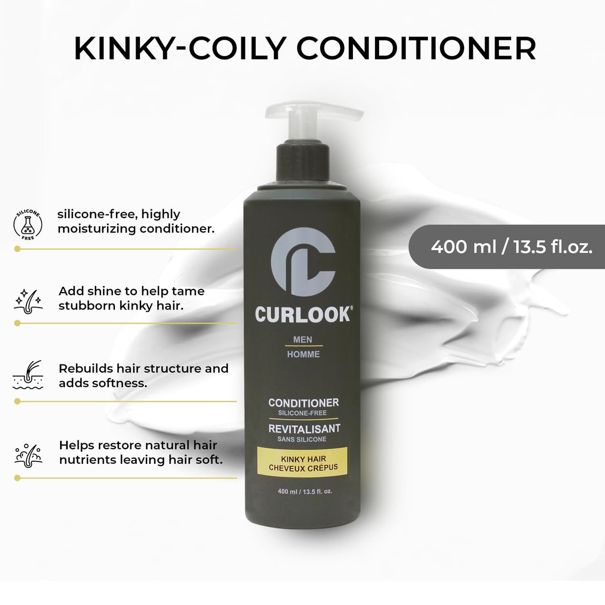 CURLOOK Kinky-Coily Hair Conditioner for Men | Silicone Free - 400ml (13.5 oz) | adds softness, and shine to help tame stubborn kinky hair | Made in Canada