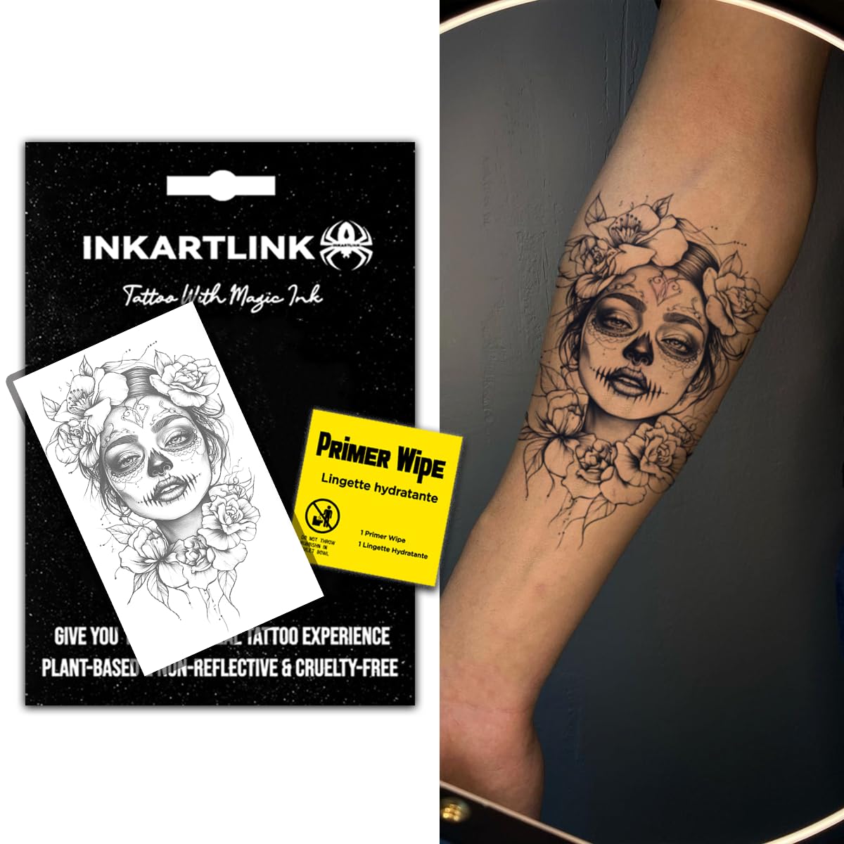 INKARTLINK Semi-Permanent Tattoo Stickers, Creative Halloween Adult Art Temporary Tattoos, Party Supplies, Waterproof, No Glue Required, Non-reflective, Lasts 1-2 Weeks (Mexican Day of the Dead 3)