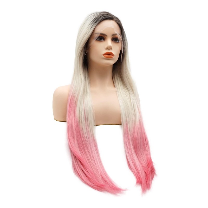 LUSHY BEAUTY Hair Synthetic Lace Front Wig Straight Super Long 28inch Dark Root Light Blonde Pink Ombre Heavy Density Heat Resistant Realistic Wig