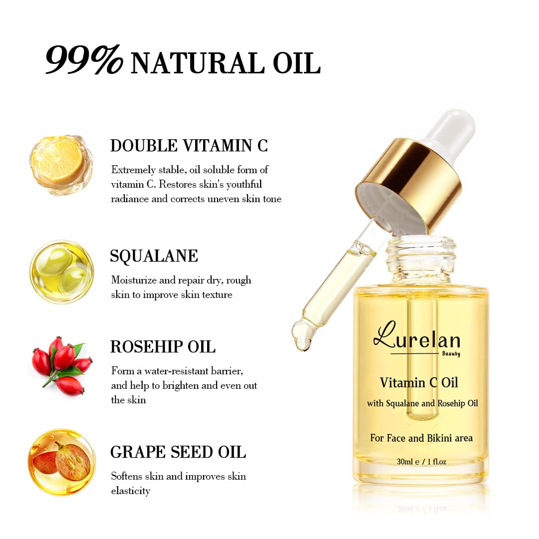 Double Vitamin C Oil - Brightening Face & Bikini Area Oil with Squalane, Rosehip & Vitamin E | Non-Comedogenic, Vegan, All Skin Types