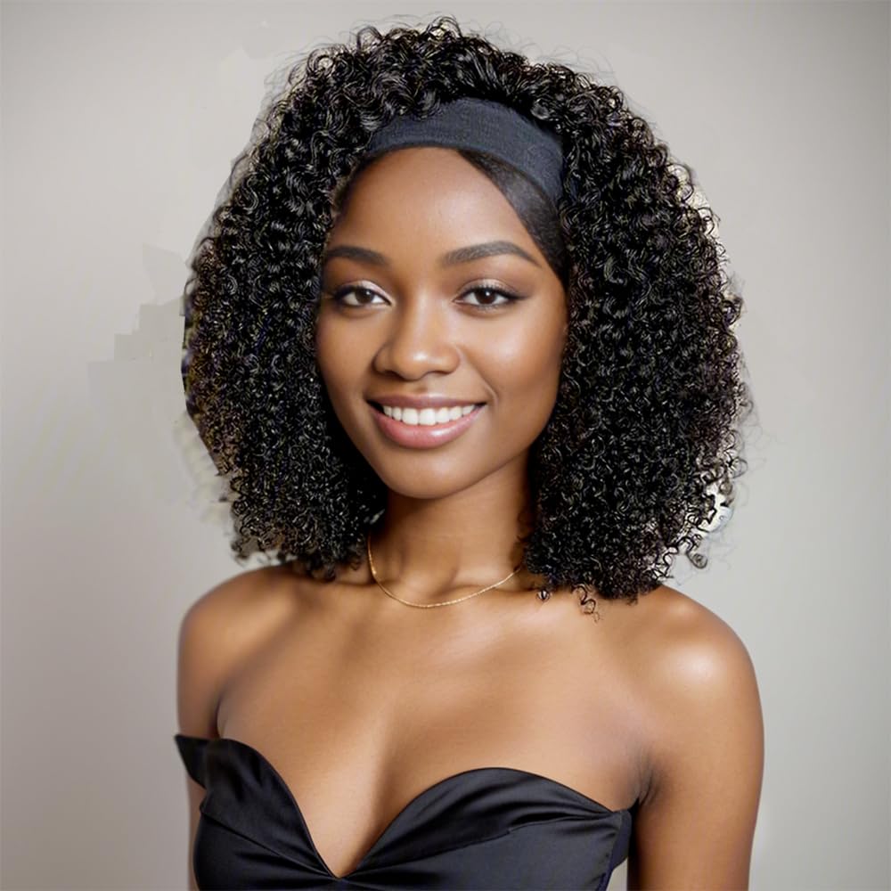 Kinky Curly Headband Wig - 150% Density Brazilian Virgin Human Hair | Natural Color, 14 Inch for Black Women