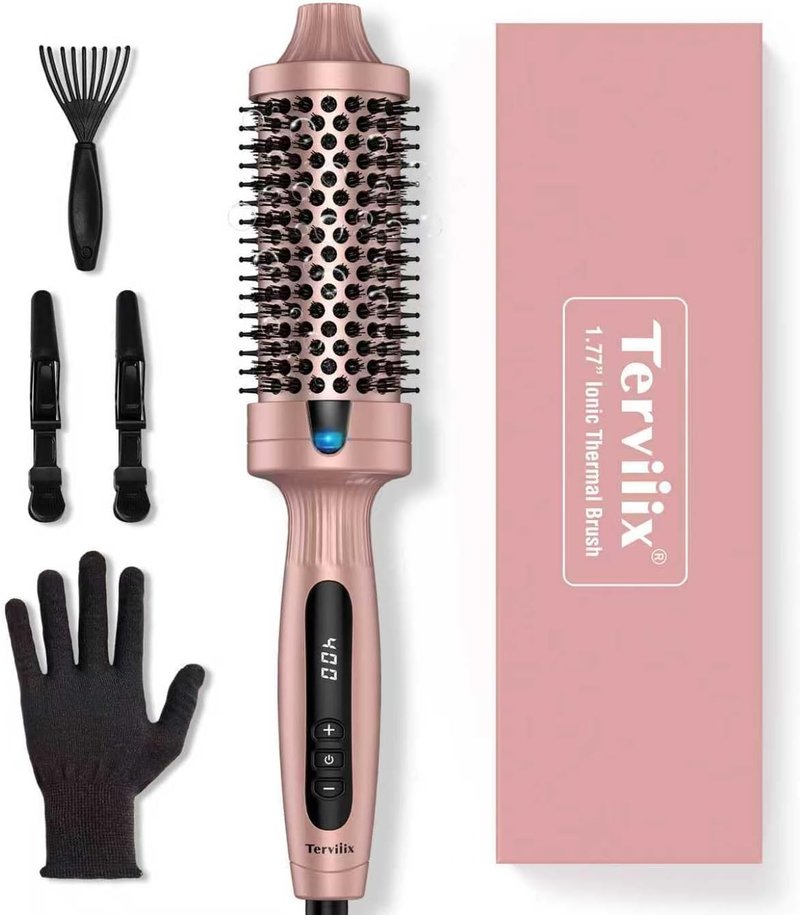 Terviiix Thermal Brush - 1.77 Inch Double MCH Ceramic Hot Brush | Ionic 2-in-1 Curling Wand with Digital Display & 9 Temperatures for Long Hair