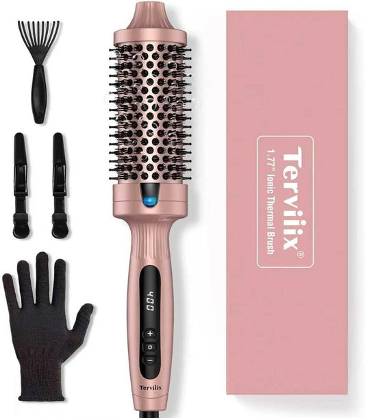 Terviiix Thermal Brush - 1.77 Inch Double MCH Ceramic Hot Brush | Ionic 2-in-1 Curling Wand with Digital Display & 9 Temperatures for Long Hair