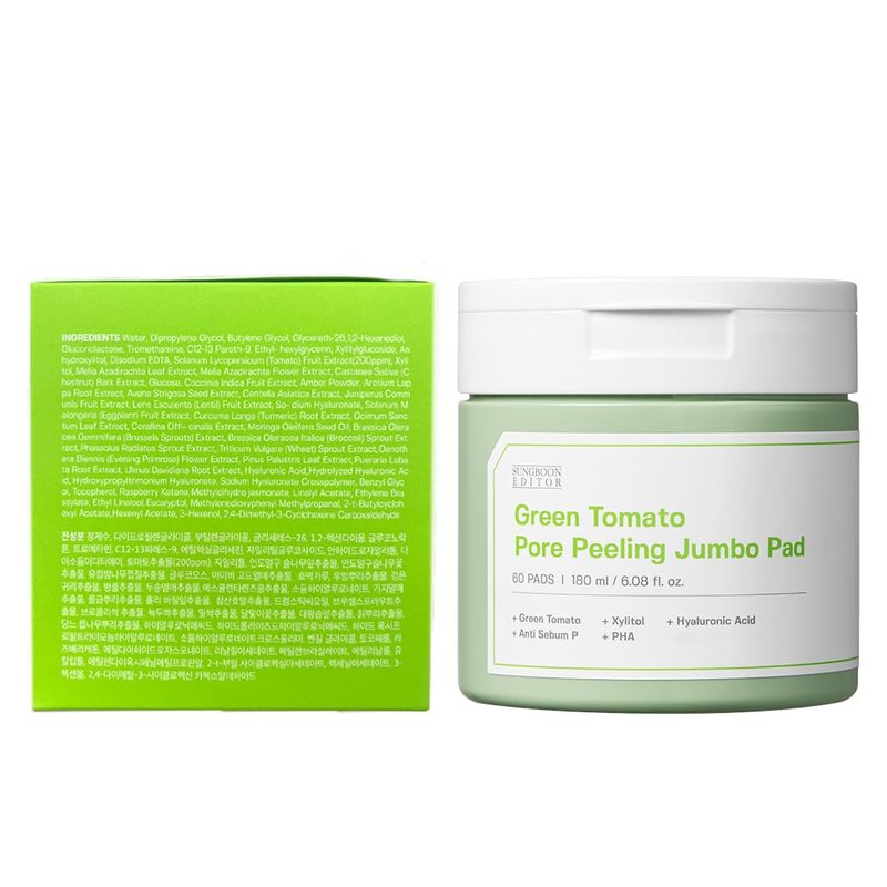 Green Tomato Pore Peeling Pads - Exfoliating PHA Toner with Hyaluronic Acid | 60 Sheets, Korean Skincare