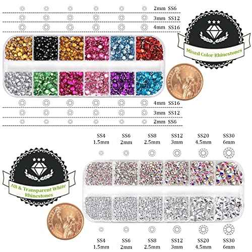 Two Packs of Flatback Rhinestones 4520 Pcs Crystal, Colorful Rhinestones for Nails, Multicolored+ AB+Transparent White Gems with Picker Tools for Bedazzling Nail Crafting Face Makeup