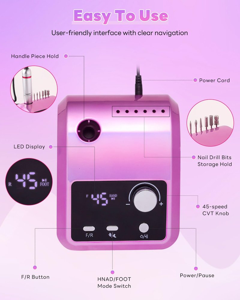CozyZen Cordless Nail Drill Professional: 45000 RPM Rechargeable Electric Nail File Kit, Portable & Low Noise for Acrylic, Gel Nails, Manicure & Pedicure - Salon & Home Use