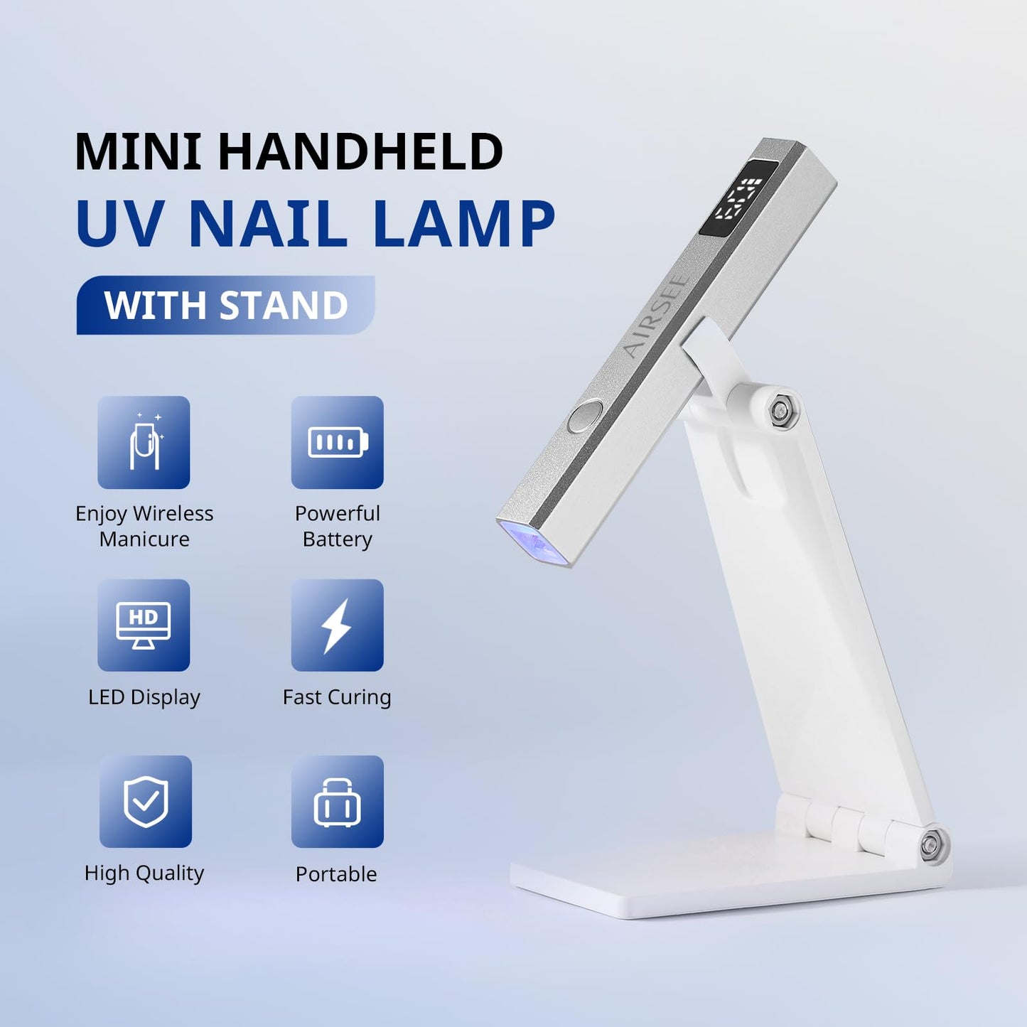 AIRSEE Cordless Mini Nail Lamp with Display & Stand for Gel Nail,Sliver