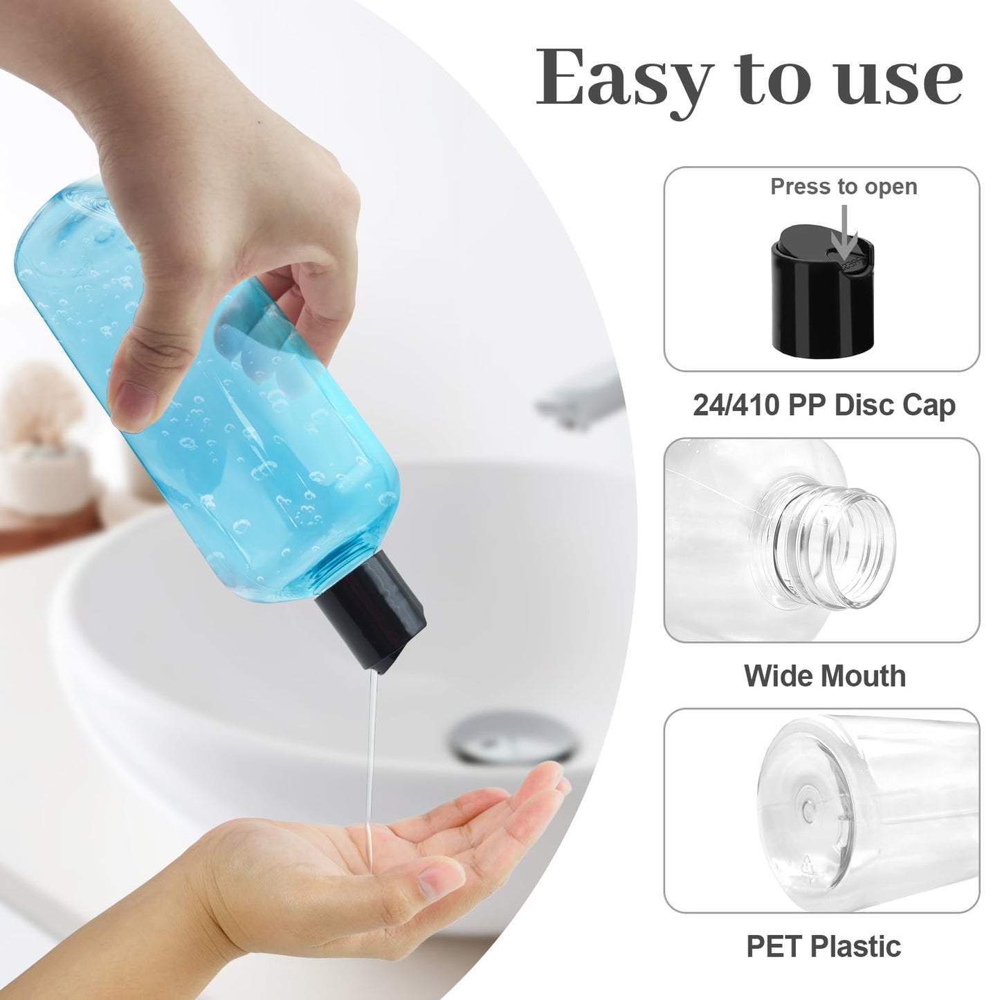 Neendohome 16 oz BPA Free Plastic Suqeeze Bottles with Black Disc Caps Refillable Travel Containers for Toiletries Shampoo Conditioner Lotions Liquid Soap Shower Gel (24Pack, Clear)