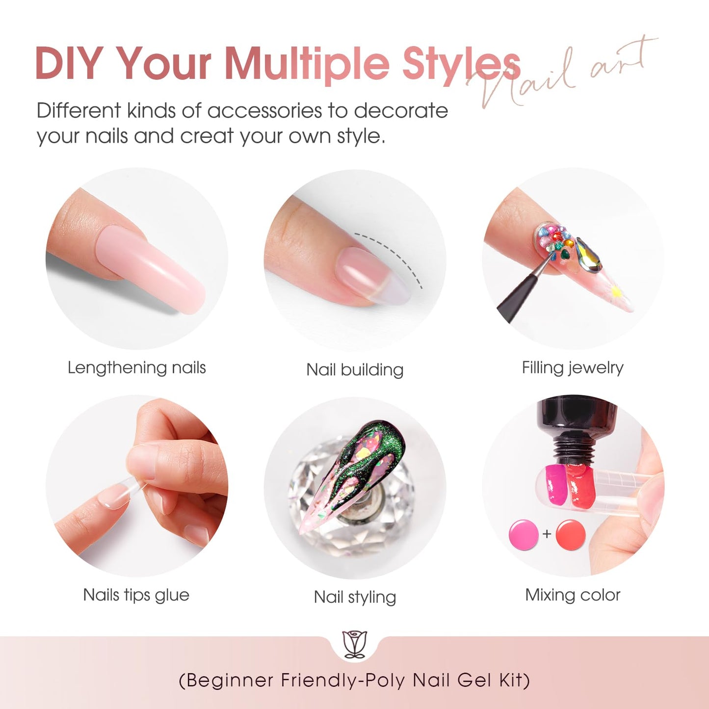 ROSALIND 12PCS Pink Brown Christmas Poly Nail Gel Kit with Mini Nail Lamp White Glitter Pink Poly Extension Gel Set 0.34oz/10ml with Slip Solution Basic Tools for Beginners with Everything