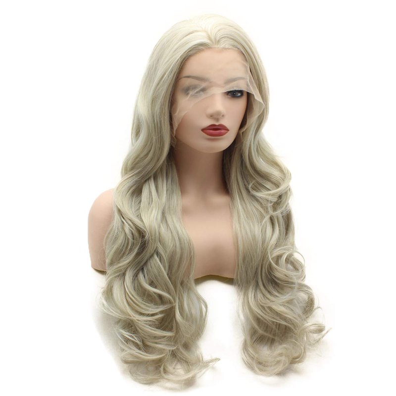 Meiyite Hair Wavy Long 26inch Two Tone White Blonde Mix Heat Resistant Heavy Density Realistic Synthetic Lace Front Wig