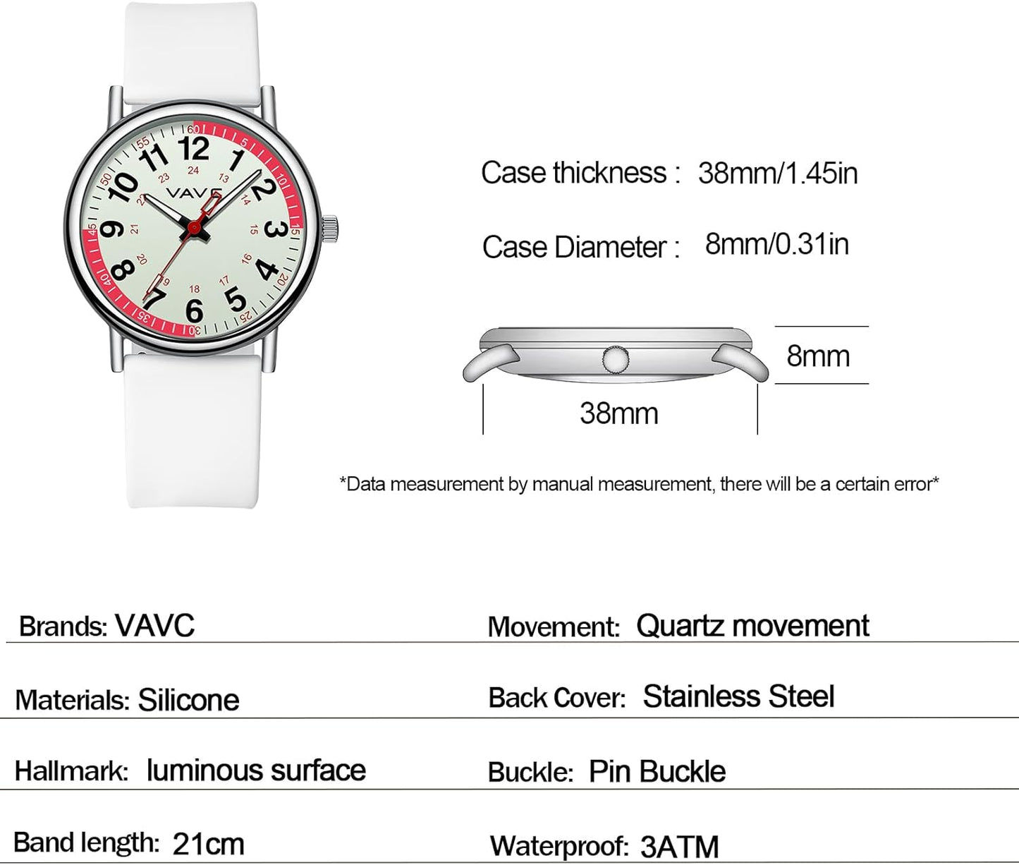 Waterproof Analog Nurse Watch for Nurses,Students,Medical Professionals,Women Men,with Luminouse Easy Read Dial,Military Time,Second Hand and 24 Hour,Comfortable Silicone Band.