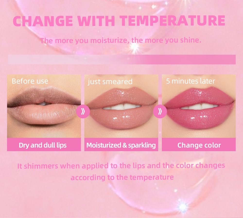 2PCS Cosmetics Magic Color Changing Lip Gloss - Plumping, Long Lasting, Non-sticky, Warm Change Glitter Lip Tint Pack
