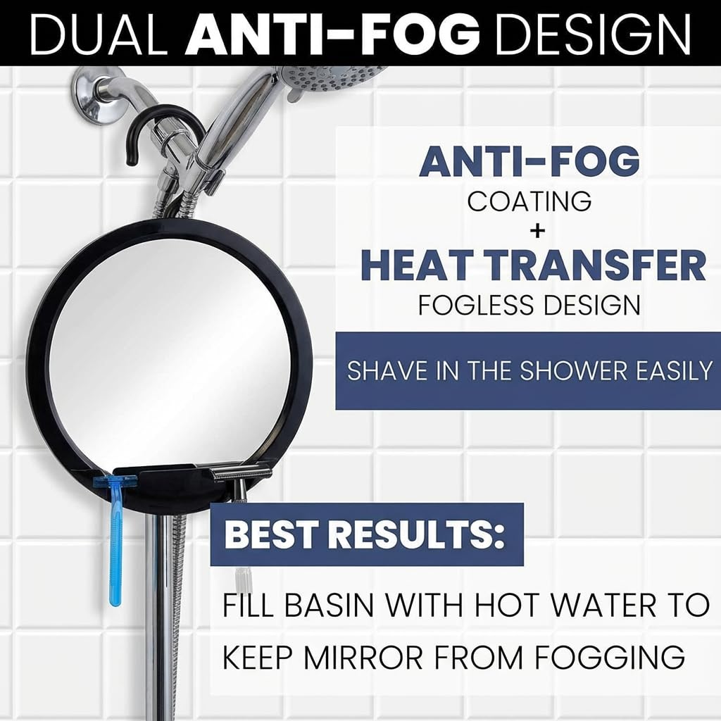 MIRRORVANA Dual Anti Fog Shower Mirror for Shaving with Hook for Hanging and Fogless Shatterproof Surface - Fill Back Chamber/Reservoir with Hot Water for Fog Free Shave (8" Diameter, Black)