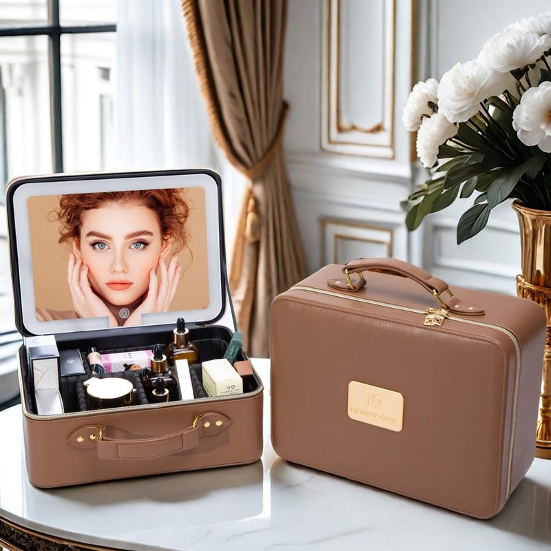 ZhenGuiRu Travle Makeup Bag with LED Mirror, Makeup Train Case with Light Up Mirror, Portable Waterproof Makeup Organizer with Adjustable Dividers, Cosmetic Brush Holder Storage for Women Gift