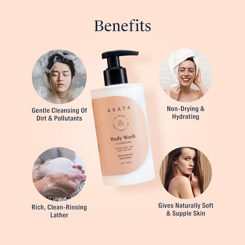 Arata Hydrating Body Wash - Ayurvedic Coconut & Citrus Formula | All-Natural, Vegan & Cruelty-Free | Gentle Cleanser for All Skin Types - 10 Fl Oz