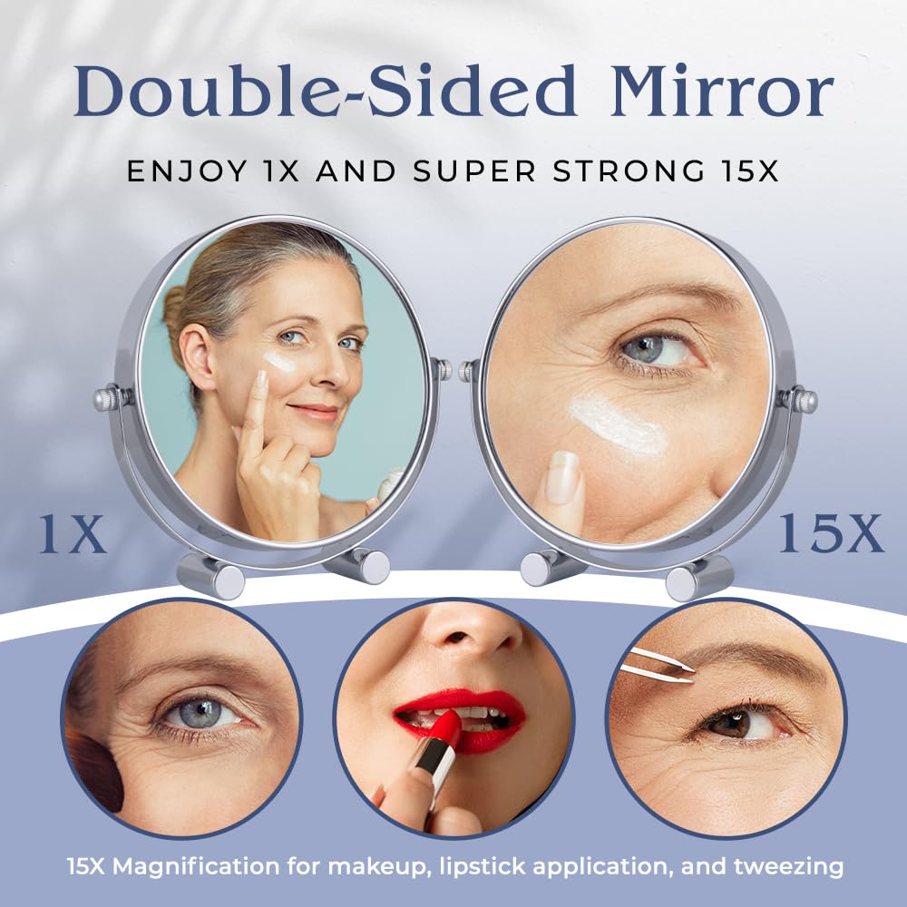 Small Double Sided 15x /1xMagnifying Tabletop Makeup Mirror for Desk, Dressing Table and Retail Store & 10X/1X Foldable Magnifying Hand Makeup Mirror, 3-in-1 Hand Mirror Bundle