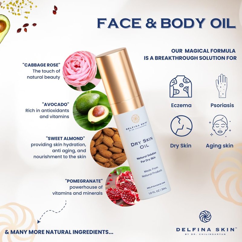 Delfina Dry Skin Oil - Eczema & Psoriasis Relief | Fast Absorbing Treatment for Extremely Dry Skin | Safe for All Ages