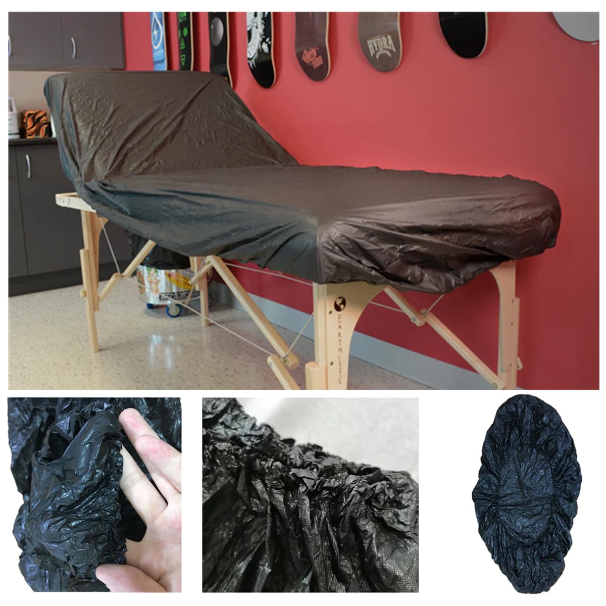 PROINKDOTS Tattoo Bed Covers Fitted Disposable Massage Table Sheets 83 x 35 inches (Pack of 10) Chair Cover with Elastic Waterproof Plastic Lash Sheets Protector for Tattoo Supplies SPA Black