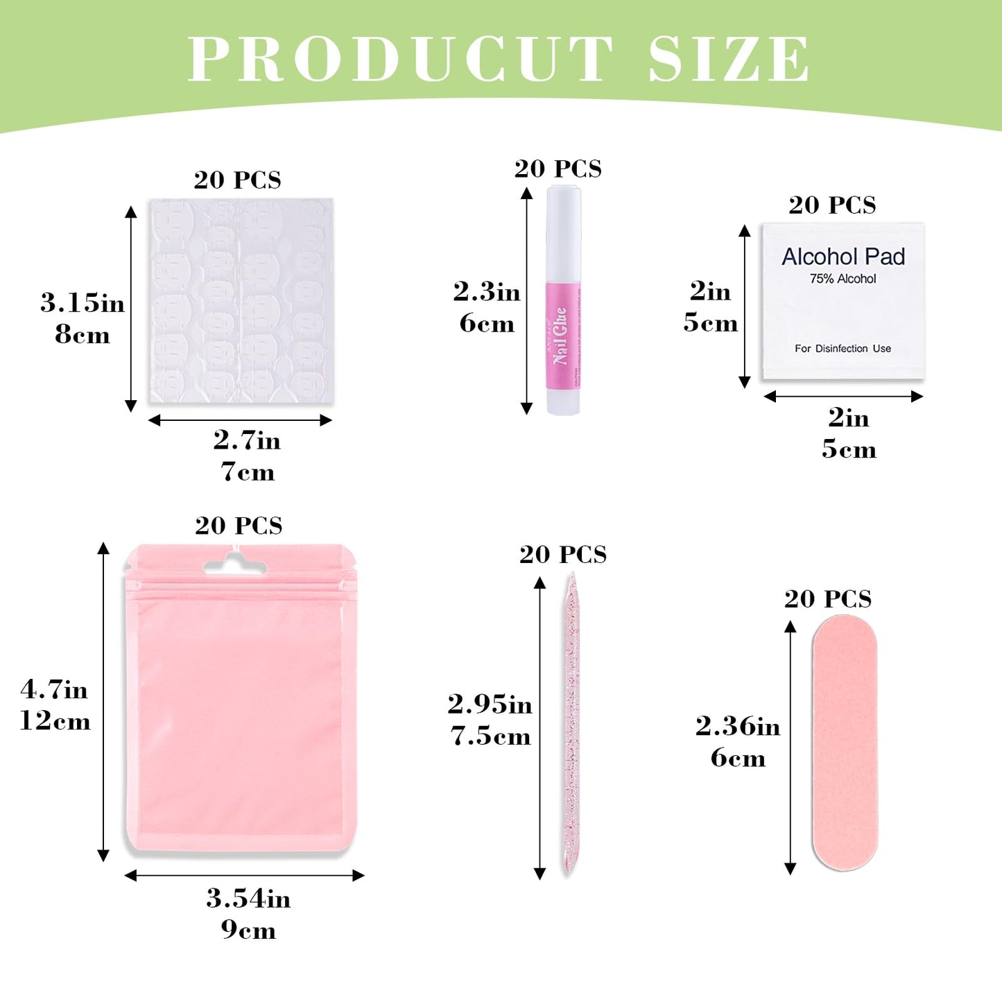 Press On Nail Tool Kit with Everything, Bebbtiy Nail Prep Tool Disposable Manicure Kit with Nail File, Nail Glue, Prep Pads, Adhesive Nail Tabs,Wood Stick, Packaging Bag (20pcs-pink)