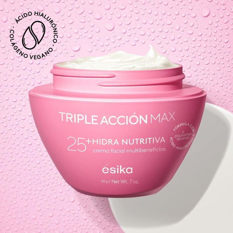 Ésika Crema facial antiarrugas Hidra Nutritiva Triple Acción Max 25+ años con ácido hialurónico y colágeno, 120g
