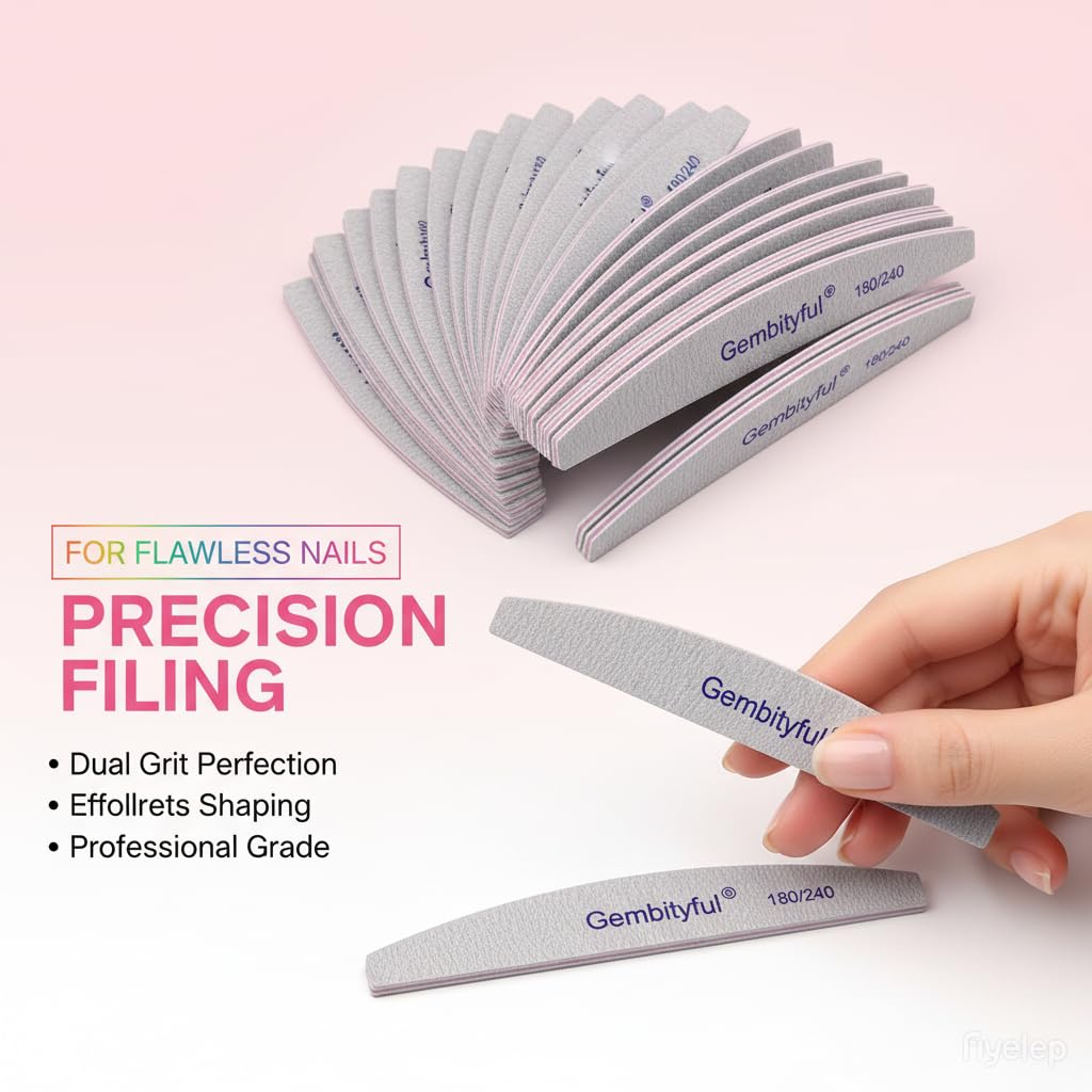 25 Pcs Thick Nail File 180/240 Grit Semicircle Shape, Emery Boards Nail File for Natural Nails and Acrylic Nails, Double Sided Boards Profesional for Home and Salon