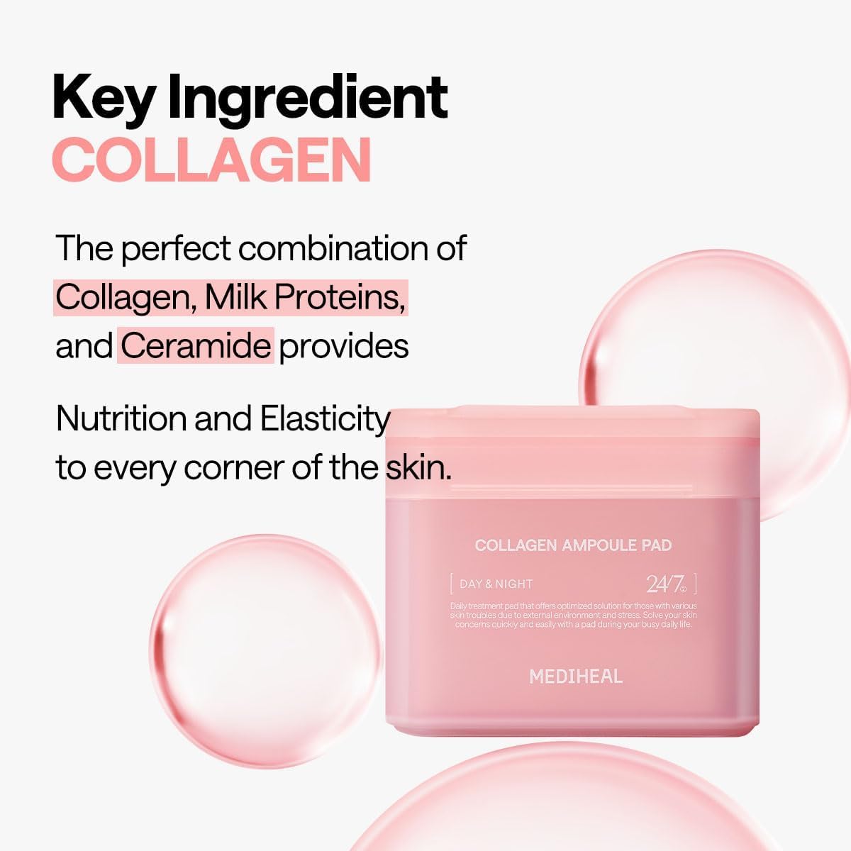 MEDIHEAL Toner Pads - Collagen Ampoule Toner Pad (100 count) with Ceramide - Skin Firming, Restore Elasticity, Deep Hydration - Tighten Wrinkles & Lines - Vegan Moisturizing Fabric, Korean Skin Care
