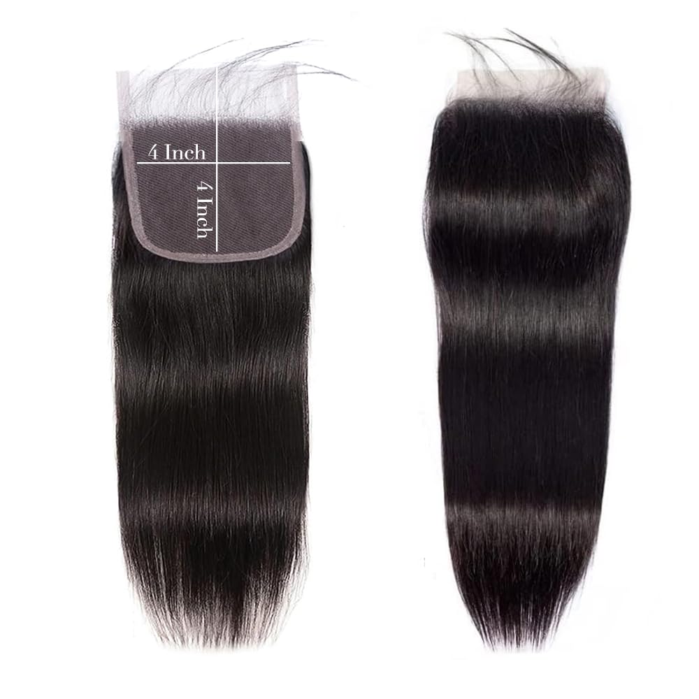 4X4 Straight HD Lace Closure Human Hair Extensions 12A Brazilian Virgin Human Hair Frontal Free Part Closure Pre Plucked with Baby Hair Natural Black 16 Inch