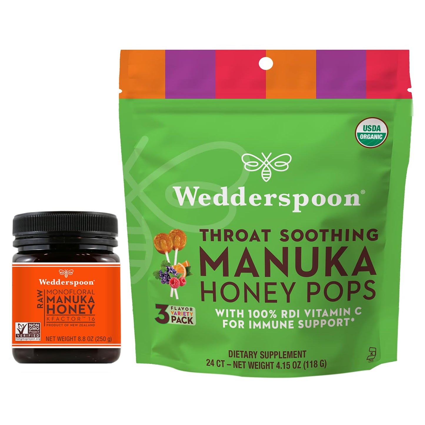 Wedderspoon Raw Premium Manuka Honey KFactor 16 (8.8 Oz, Pack of 1) and Manuka Honey Lollipops Variety Pack (24 Count, Pack of 1) - Genuine New Zealand Honey, Perfect Remedy For Dry Throats