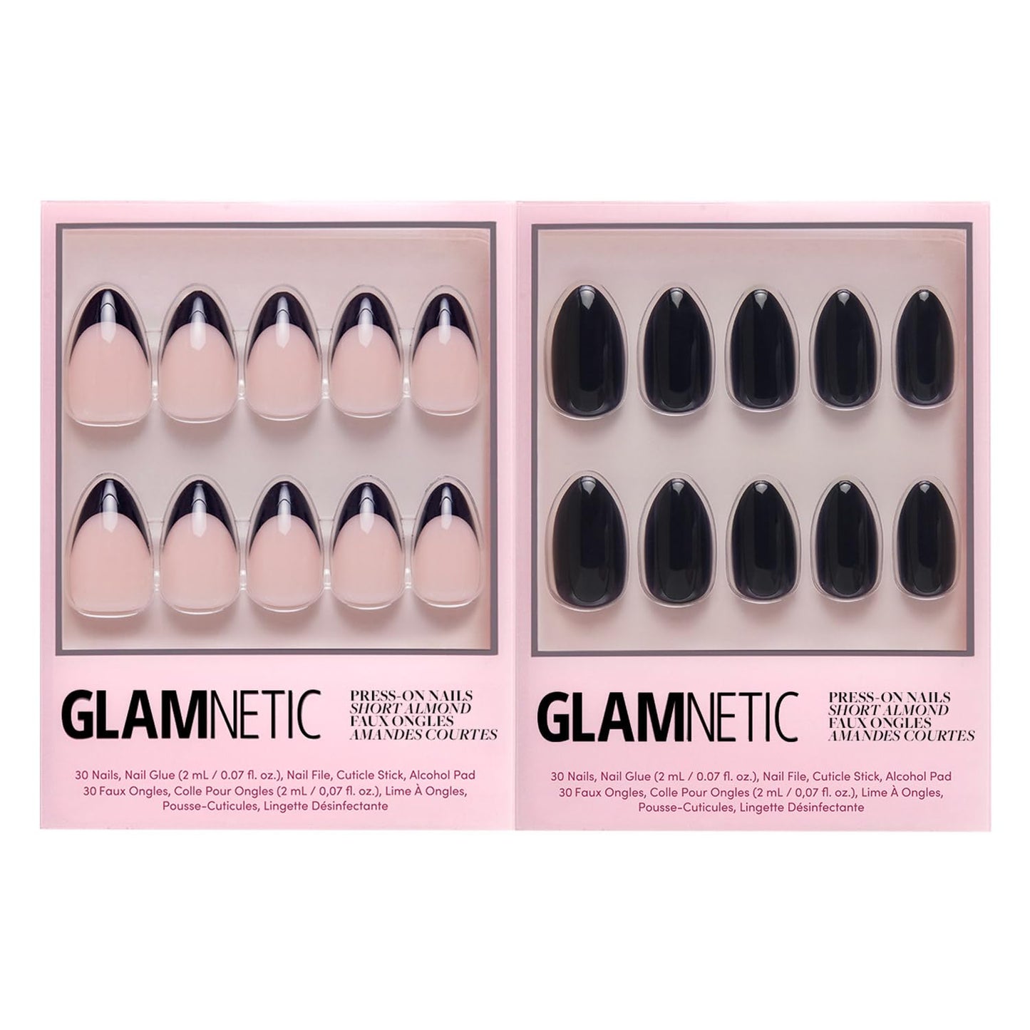 Glamnetic Press-On Nails Bundle - Caviar & Boba | Semi-Transparent, Short Almond Nails, Reusable | Opaque Black Short Almond Nails | Reusable Nail Kit with Glue