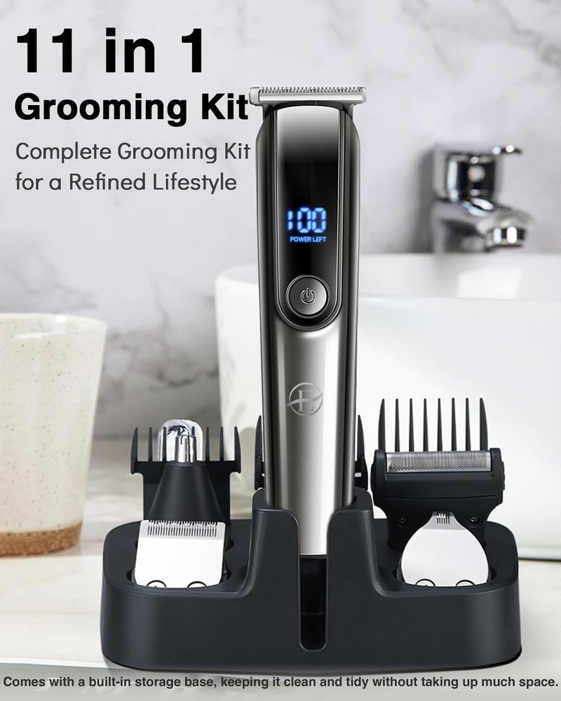E-Hunter Beard Trimmer for Men - 5 in 1 Kit Electric Razor, Nose Hair Trimmer with LED Display, Cordless Mustache Body Face Grooming Kit, Rechargeable Beard Shaver (Aluminum)