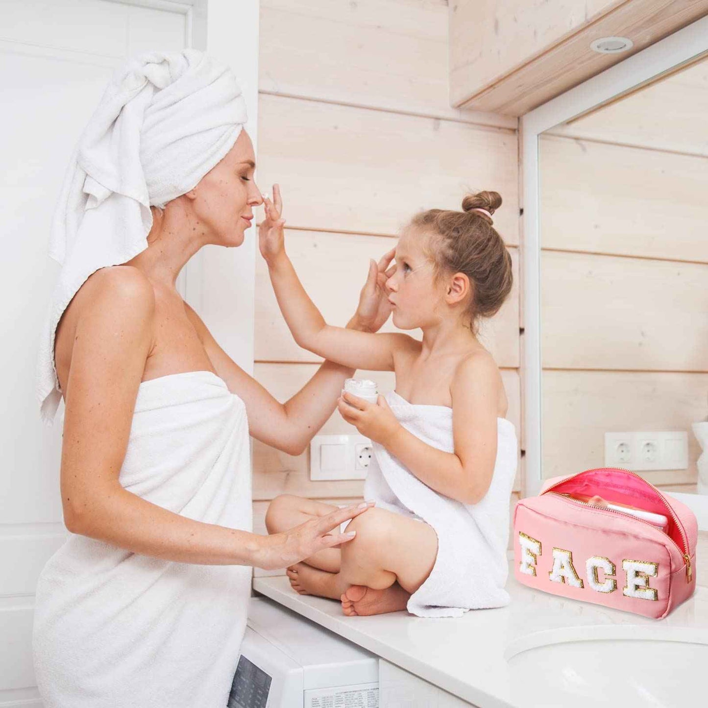 Kajaia 4 Pcs Preppy Makeup Bags Chenille Letter Bag Hair Face Skin Stuff Cosmetic Pouch Cases for Women Travel Toiletry Spend The Night(Simple Color,Charming)