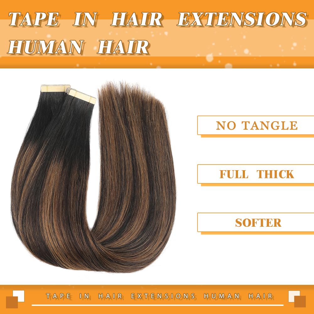 YDDM Tape in Hair Extensions Human Hair 18 Inch 20pcs Balayage Natural Black to Chestnut Brown 100% Remy Human Hair for Women Seamless Invisible Tape in Hair Extensions(1B/1B/6#, 18 Inch)