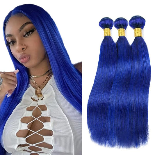 Pure Blue Bundles Human Hair Blue Straight 3 Bundles 24 26 28 inch Unprocessed Brazilian Virgin Human Hair Extensions 300g