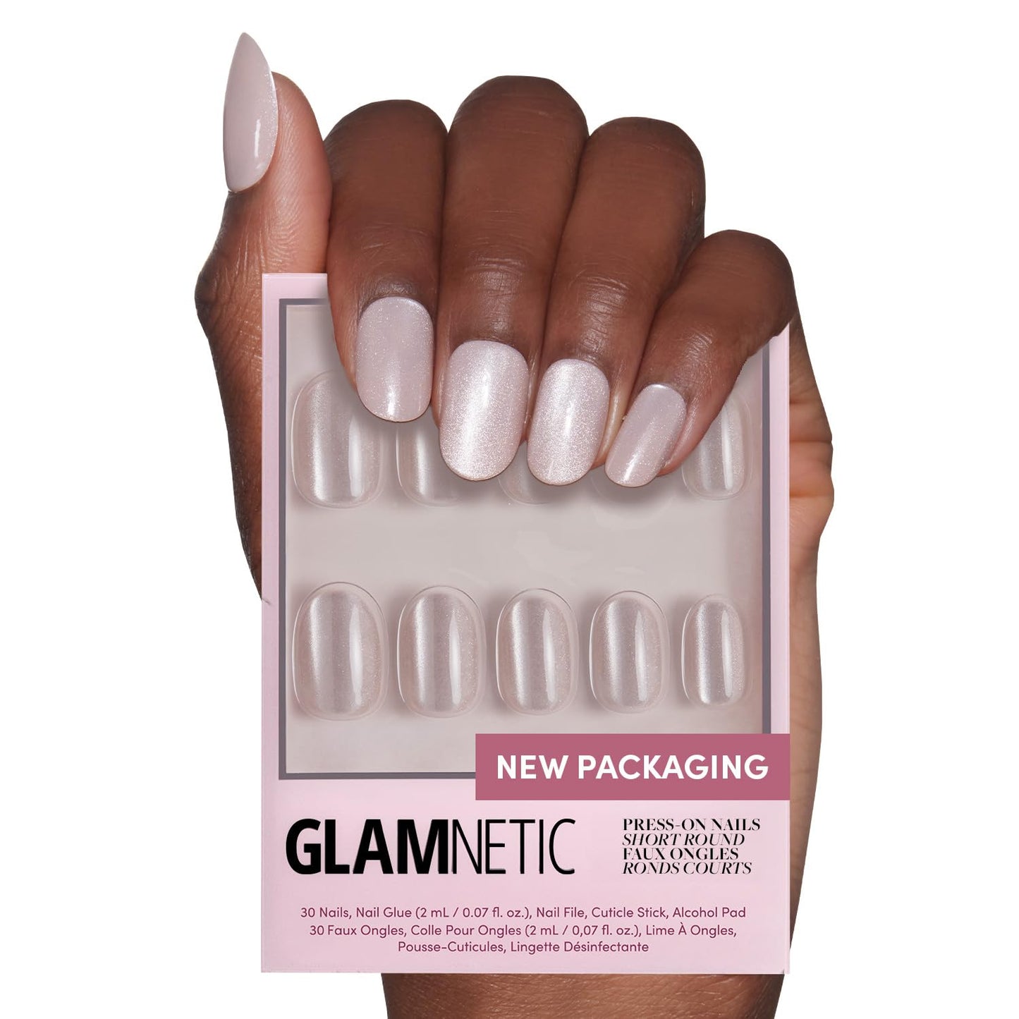 Glamnetic Press On Nails & Brush On Nail Glue Bundle - Pure Intentions | Glossy, Iridescent Short Round Nails, Reusable | 12 Sizes - 30 Nail Kit with Glue