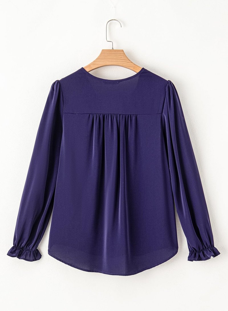 Dokotoo Womens Tops Casual Pleated V Neck Puff Long Sleeve T Shirts Loose Tunic Business Blouse