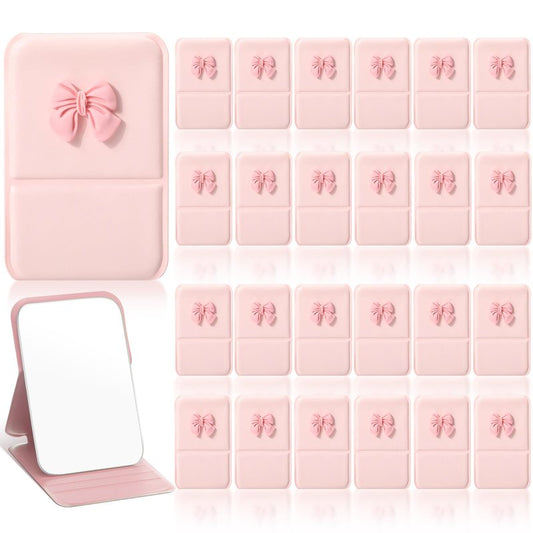 Amyhill 24 Pcs Bulk Mini Folding Bow Mirror Compact Fold Mirror Preppy Bow Gift for Women Birthday Bridal Shower Bachelorette Graduation Party Supplies(Folding,Pink)