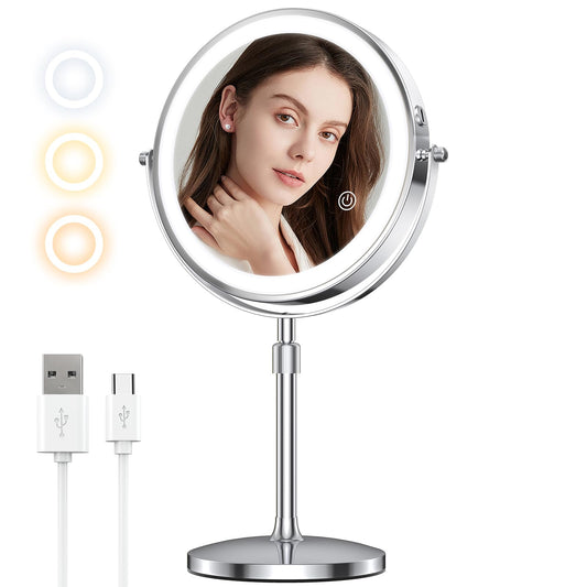 MILPROX 8 Inch Adjustable Lighted Makeup Mirror, 1X/10X Double Sided Magnifying Vanity Mirror with 3 Color Lights, Cordless Rechargeable Beauty Mirror, Ergonomic Mirror for Desk, Dorm, Studio - Silver