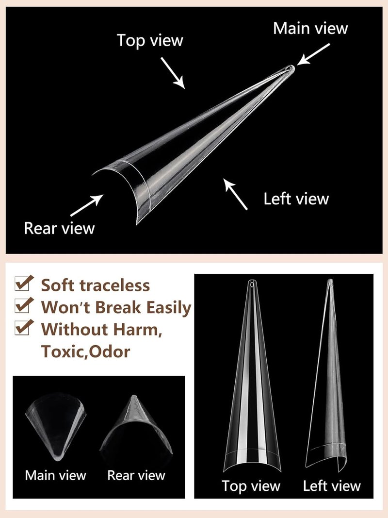 Stiletto Nail Tips - 500 Pcs XL Long Clear Acrylic False Nails | Half Cover Tapered Square for DIY Nail Art (10 Sizes)