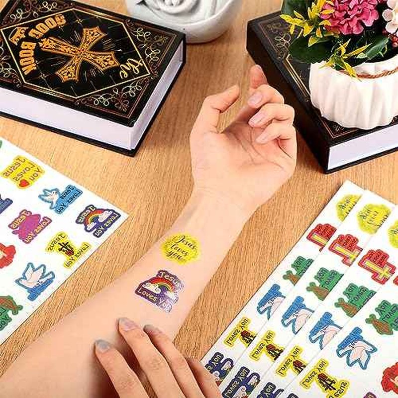 Landhoow 240 Pcs Jesus Loves You Tattoos Temporary for Kids Glitter Face Tattoos Cool Body Sticker Costume Accessory for Adults Boys Girls Party Favor
