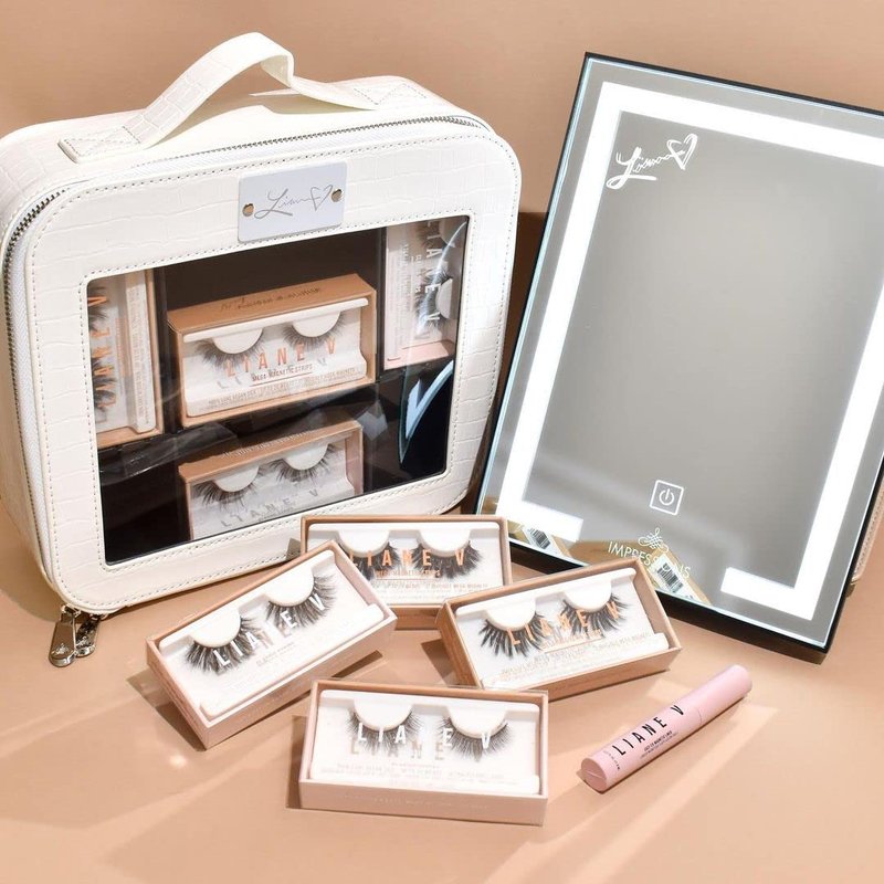 Impressions Vanity Liane V. Travel Makeup Bag, Cosmetic Case Makeup Organizer with Waterproof and Transparent Window, Makeup Vanity Bags with Adjustable Dividers and Faux Leather (Beige)