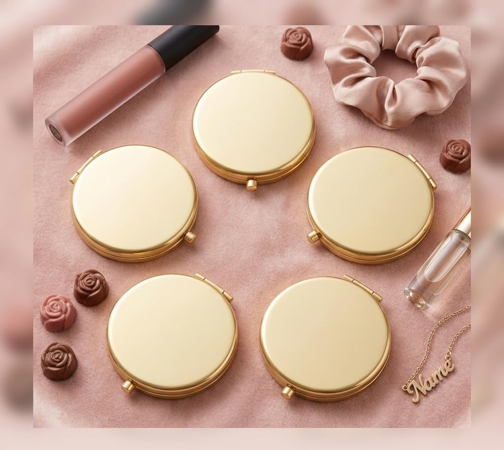 WOOYALIN Magnifying Compact Double-Sided 1X/2X Round Pocket Handheld Travel Makeup Portable Pocket Mirror (5, Gold)