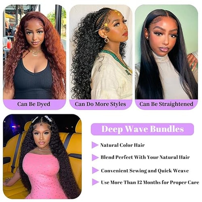 28 Inch Deep Wave Human Hair Bundles 1 Bundles Deep Wave Bundles 100% Unprocessed Brazilian Virgin Hair Curly Bundle Hair Extensions Real Human Hair Wavy Quick Weave Bundle Natural Black