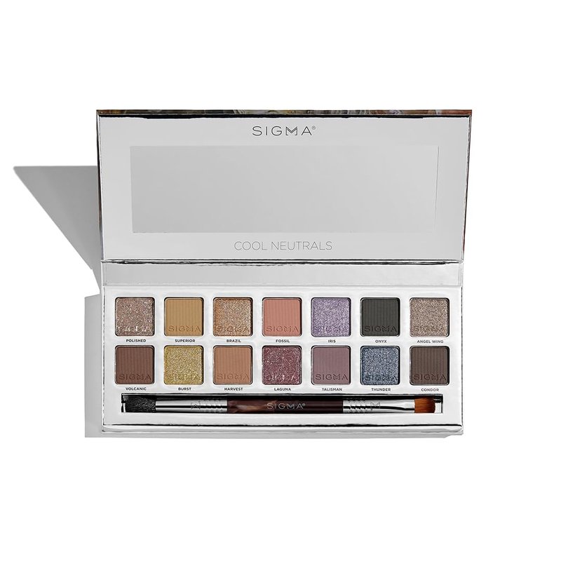 Sigma Beauty Cool Neutrals Eyeshadow Palette — Dual-Ended Brush, 14 Cool-Toned Eye Shadows - Includes Mirror, Waterproof Technology, Mixture of Finishes
