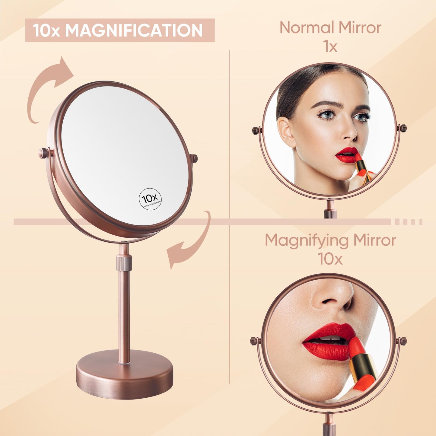 Nicesail Table Mirror 1X 10X Magnifying Mirror Double Sided, Makeup Mirror for Desk 360 Rotation 8 Inch Face Mirror, Matte Rose Gold, for Mom