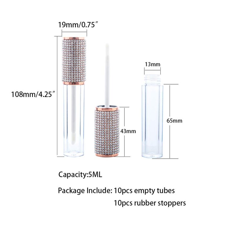 AJLTPA 10 Pack Diamond Lip Gloss Wand Tubes, 5ml Empty Containers, Lip Balm Bottles with Rubber Stoppers for Cosmetic Business (Crystal Rhinestone)