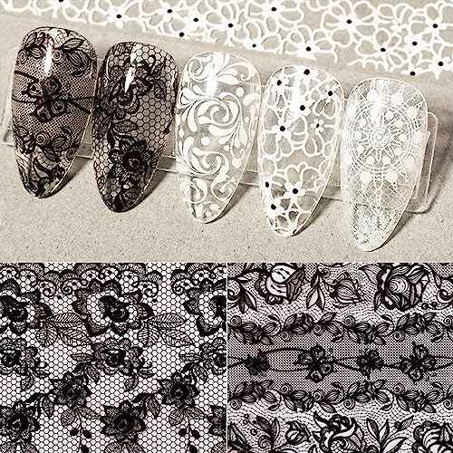 SILPECWEE 20 Rolls Lace Nail Foil White and Black Nail Transfer Foil Flower Nail Art Foils Decals Holographic Foils for Nails Manicure Stickers for DIY Acrylic Nails Decoration